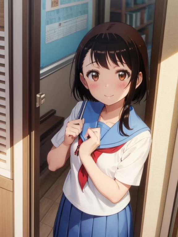 Evening School Classroom、Sailor suit with light blue collar、Wearing a dark blue skirt、red blush、gently smiling、Sepia tone、Brown-eyed、light brown shorthair, Peeking through the classroom door