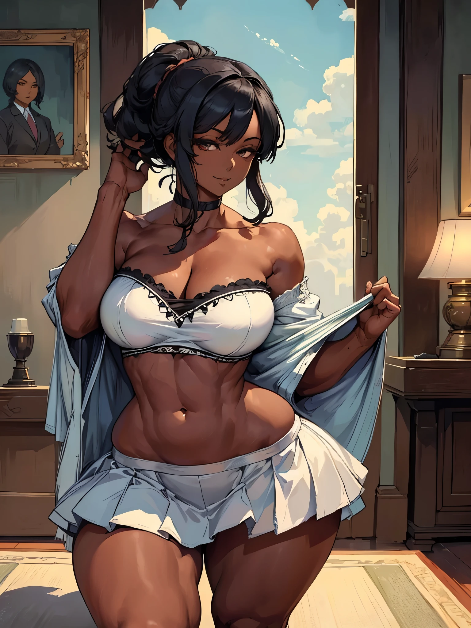 Thicc Legs, Dark skin, (beautiful, (masterpiece: 1.2), (best quality: 1.2), sarcastic smile, perfect lighting, baby doll outfit, Asian woman, Marble body, ((masterpiece)), (best quality), ( detailed), (1 girl), thighs, Skirt, Hair tied up