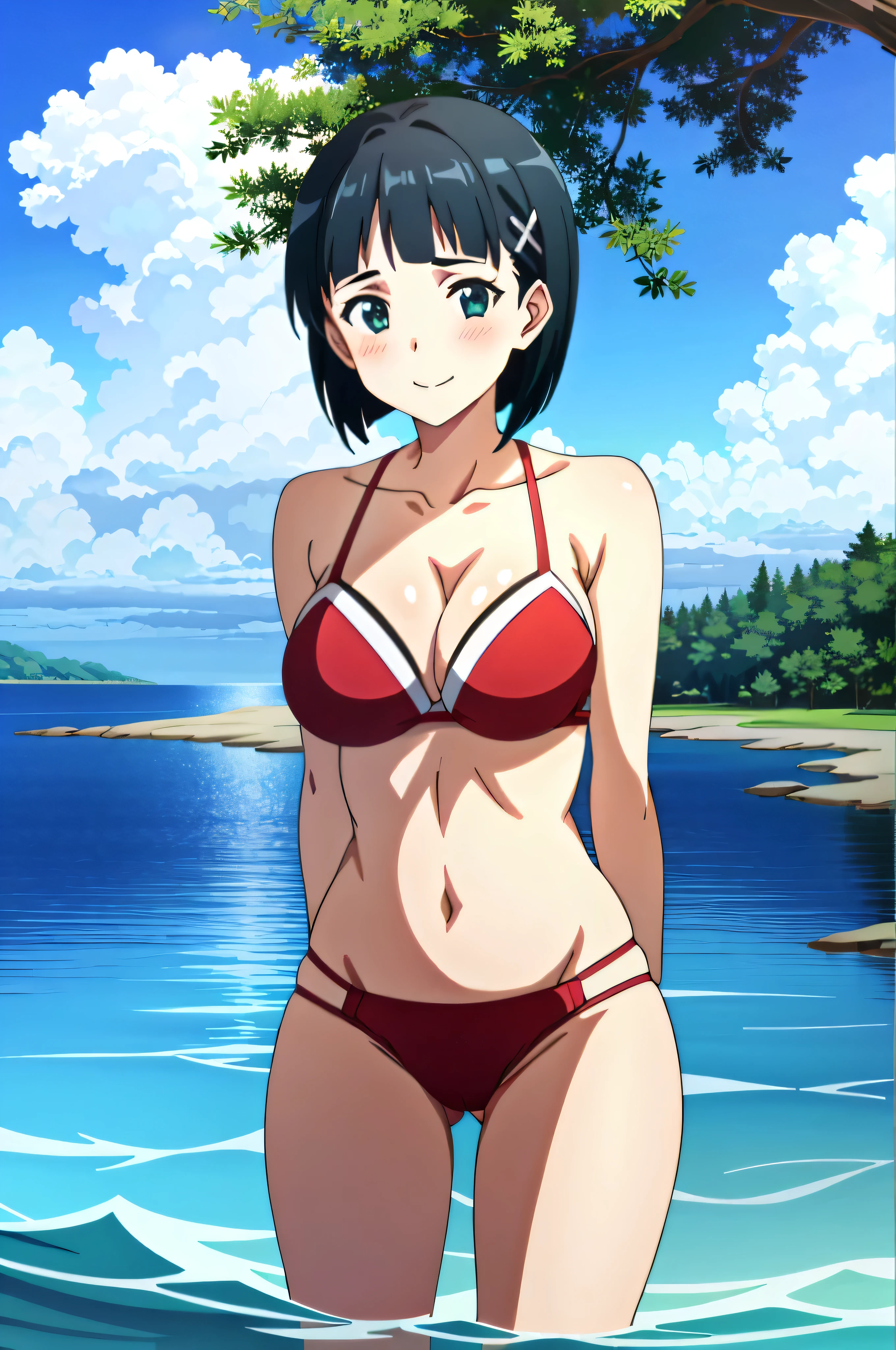 EFT_Sao_Sis, 1girl, kirigaya suguha, black hair, solo, short hair, hair ornament, green eyes, black eyes, breasts, masterpiece, HDR, UHD, 4K, ocean, island, outdoors, bright sky, sunny, clear sky, red bikini, two piece bikini, thong panties, red thong, bare shoulders, cleavage, nice breasts, skinny, slim waist, nice thighs, big ass, large ass, round ass, nice ass, cameltoe, showing ass, ass spread, big ass, full frame, uppder body in frame, cowboy shot, portrait, close portrait, blushed, smile, shy