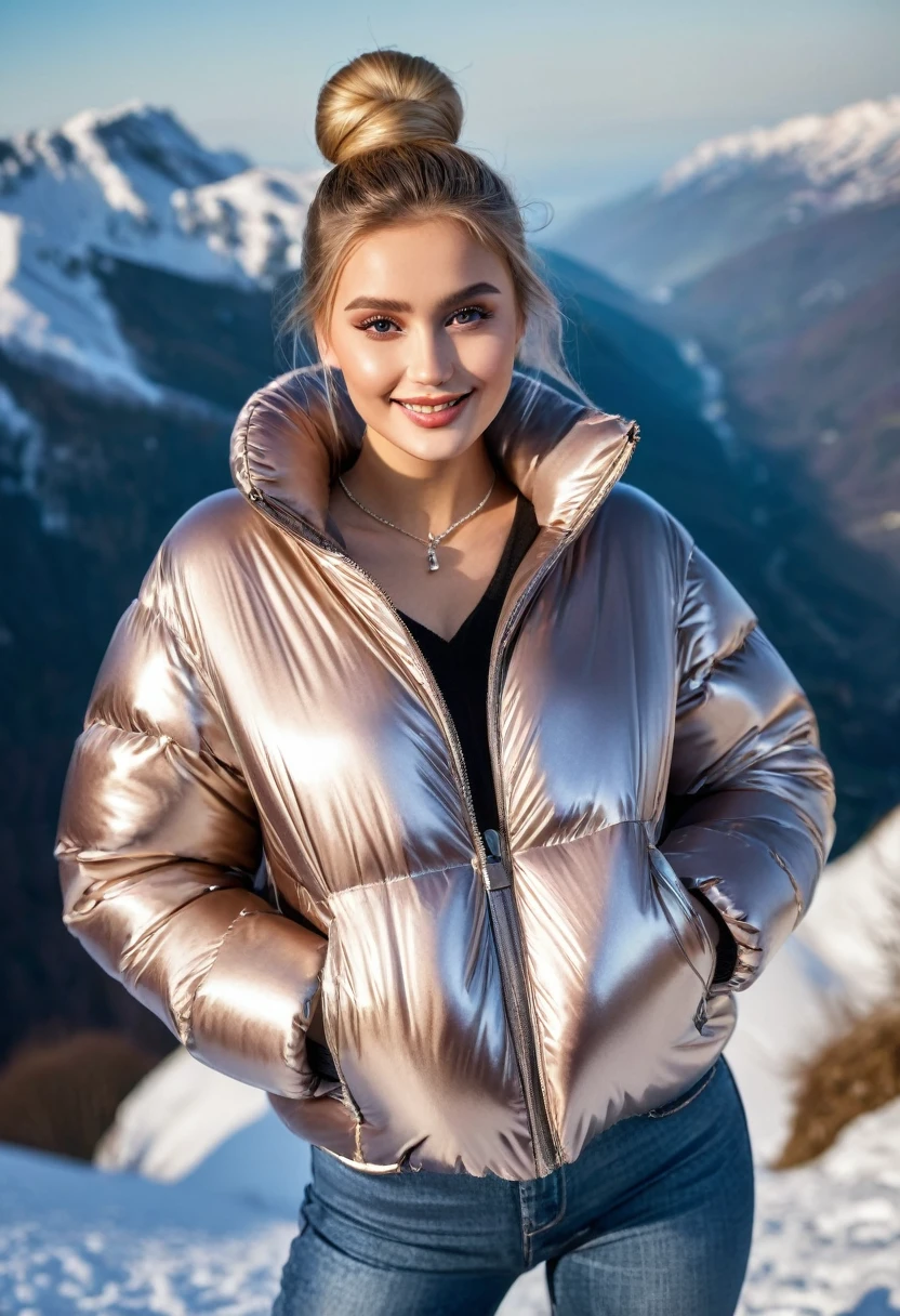 hyperrealistic beautiful busty 18-year-old women with long legs wearing shiny vinyl puffer coat and skinny jeans, model shooting full body photography, platin blonde classic bun, dark eye makeup with eyeliner, seductive smile, small necklace, 8K, Best quality, Meisterwerk, ultra high resolution, (Realismus: 1.4), Originalfoto, (realistische Hautstruktur: 1.3), (Filmkorn: 1.3), (Selfie-Winkel), 1 girl, Beautiful round hazel eyes and facial details, Meisterwerk, Best quality, winter outdoor at mountain top