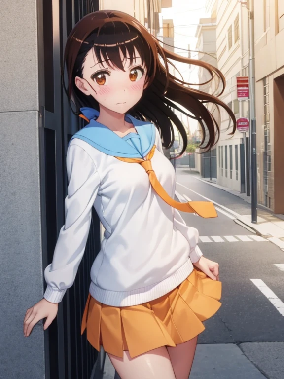 (the Extremely Detailed CG Unity 8K Wallpapers), (masutepiece), (Best Quality), (Ultra-detailed), (Best Illustration), (Best Shadow), (absurderes), 1girl in, Solo, clothes tug, skirt tug,Dress Tug, shirt tug,Sweater Tags,Wind,wind lift,onodera kosaki, , serafuku, orange necktie, Light blue skirt, Looking at Viewer, red blush、embarrassed from