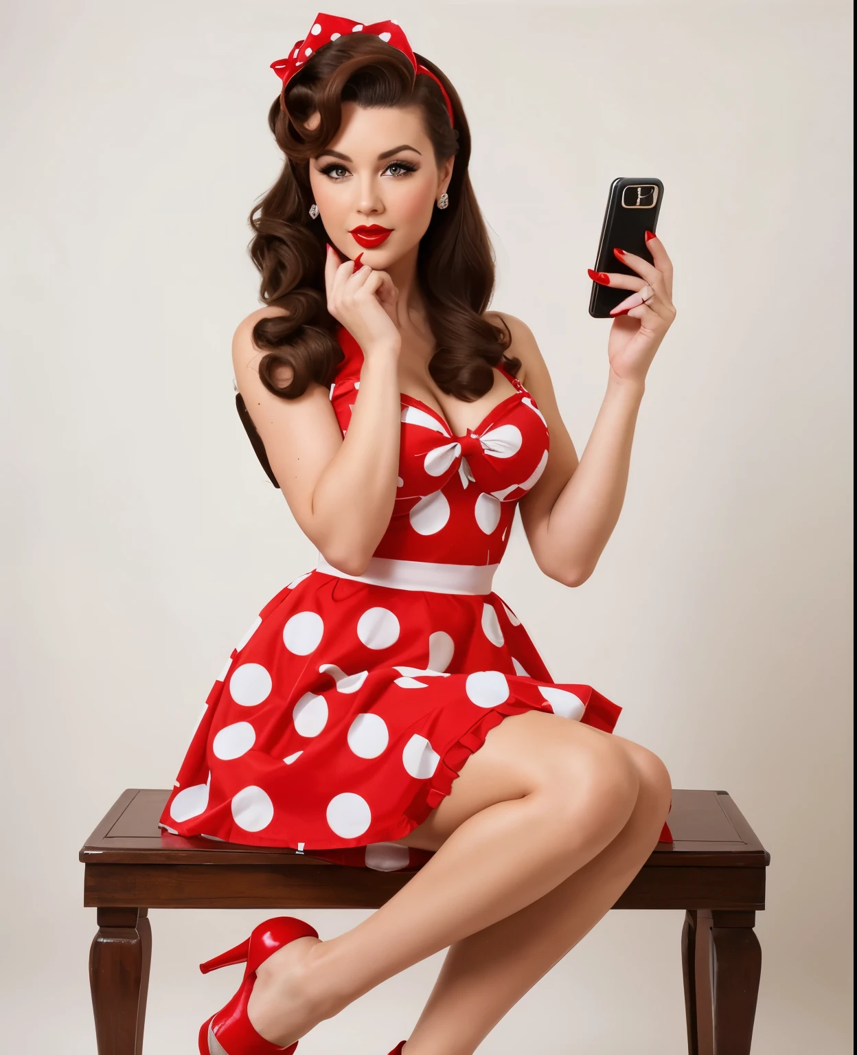 Full length photo of a girl, realistically depicting a 35 year old woman with a sexy Cherry Dollface and emotional. She has brown hair, one eye is closed creating a mysterious and sexy image. Model dressed in pin-up style with hair styled "victory rolls" brown hair and curly bangs. Her plump red lips make her look sexy. She has average breast size. She portrays an American housewife, posing in various sexual positions. holds a phone in her hand. On a white background, she appears in a red retro dress with large polka dots with a fluffy, voluminous ballerina skirt. She has a red bandana on her head, and on her feet there are red stockings. The photo is made in pin-up style, emphasizing the retro-USA vibe. Her sexy look, she looks at me, and blows a kiss, give the photo a special charm. she&#39;s surprised, she&#39;s flirting, her mouth is open, she&#39;s laughing, her lips are in a bow, she&#39;s sexy