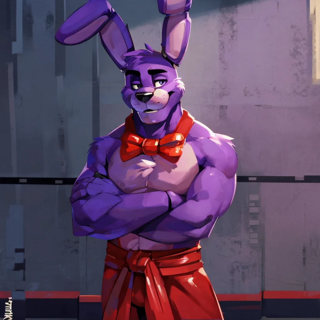 Purple rabbit from FNaF 1, Bonnie, Bonnie Rabbit, solo, male, purple rabbit, perfect nose, rabbit ears, long ears, male face, handsome, attractive, standing, red dress shirt, in formal clothes, posing, waist, hand on waist, Five Nights at Freddy's, By mystikfox61