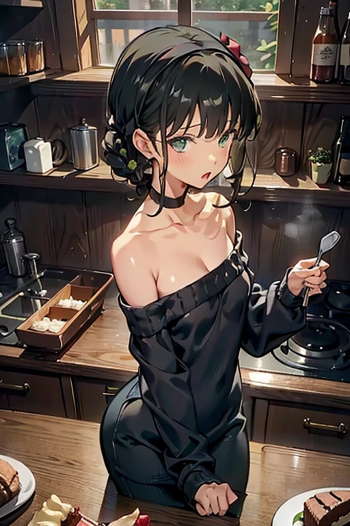 (small breasts:1.3), (perky chest:1.1), (pointed chest:1.0), (Pudding cake magazine cover:1.3),(from above:1.0),(from side:0.9),masterpiece, 1girl, Amazing Cleavage:1.1, thin waist, big ass, Raised sexy, small breast: 1.3, posed cleavage:1.2、solo, looking at viewer, open mouth, have a cute grass of cute beergrass,black hair, dark green eyes, dress, bare shoulders, jewelry, collarbone, sidelocks, hairband, earrings, indoors, off shoulder, :o, sweater, arms behind back, plant, short hair with long locks, gild hairband, off-shoulder dress, sweater dress, off-shoulder sweater, red sweater, dark gord hair, big side hair, very long side hair,is rendered in (masterpiece: 1.2, best quality), with (ultra high resolution) and an exquisite (depth of field). This masterpiece is not only visually stunning but also tells,A scene of cooking in the kitchen by classroom