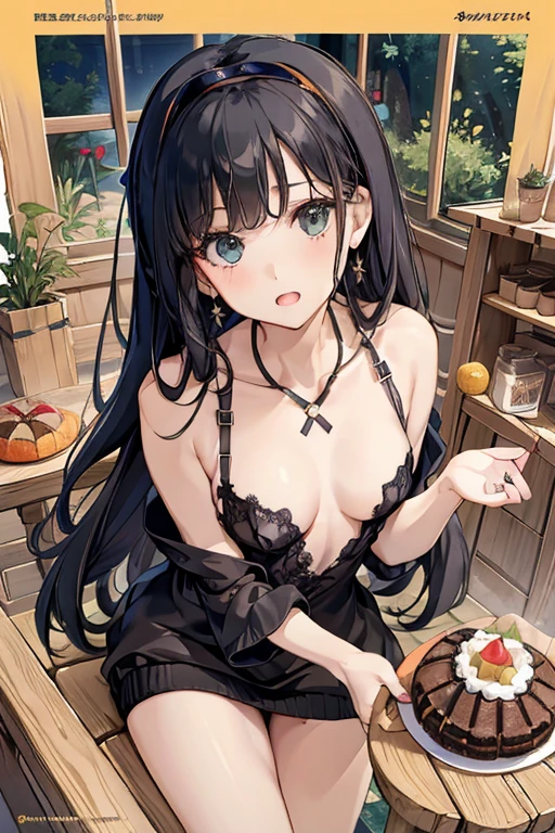 (small breasts:1.3), (perky chest:1.1), (pointed chest:1.0), (Pudding cake magazine cover:1.3)，(from above:1.0),(from side:0.9),masterpiece, 1girl, Amazing Cleavage:1.1, thin waist, big ass, Raised sexy, small breast: 1.3, posed cleavage:1.2、solo, looking at viewer, open mouth, have a cute grass of cute beergrass,black hair, dark green eyes, dress, bare shoulders, jewelry, collarbone, sidelocks, hairband, earrings, indoors, off shoulder, :o, sweater, arms behind back, plant, short hair with long locks, gild hairband, off-shoulder dress, sweater dress, off-shoulder sweater, red sweater, dark gord hair, big side hair, very long side hair,is rendered in (masterpiece: 1.2, best quality), with (ultra high resolution) and an exquisite (depth of field). This masterpiece is not only visually stunning but also tells,A scene of cooking in the kitchen by classroom 