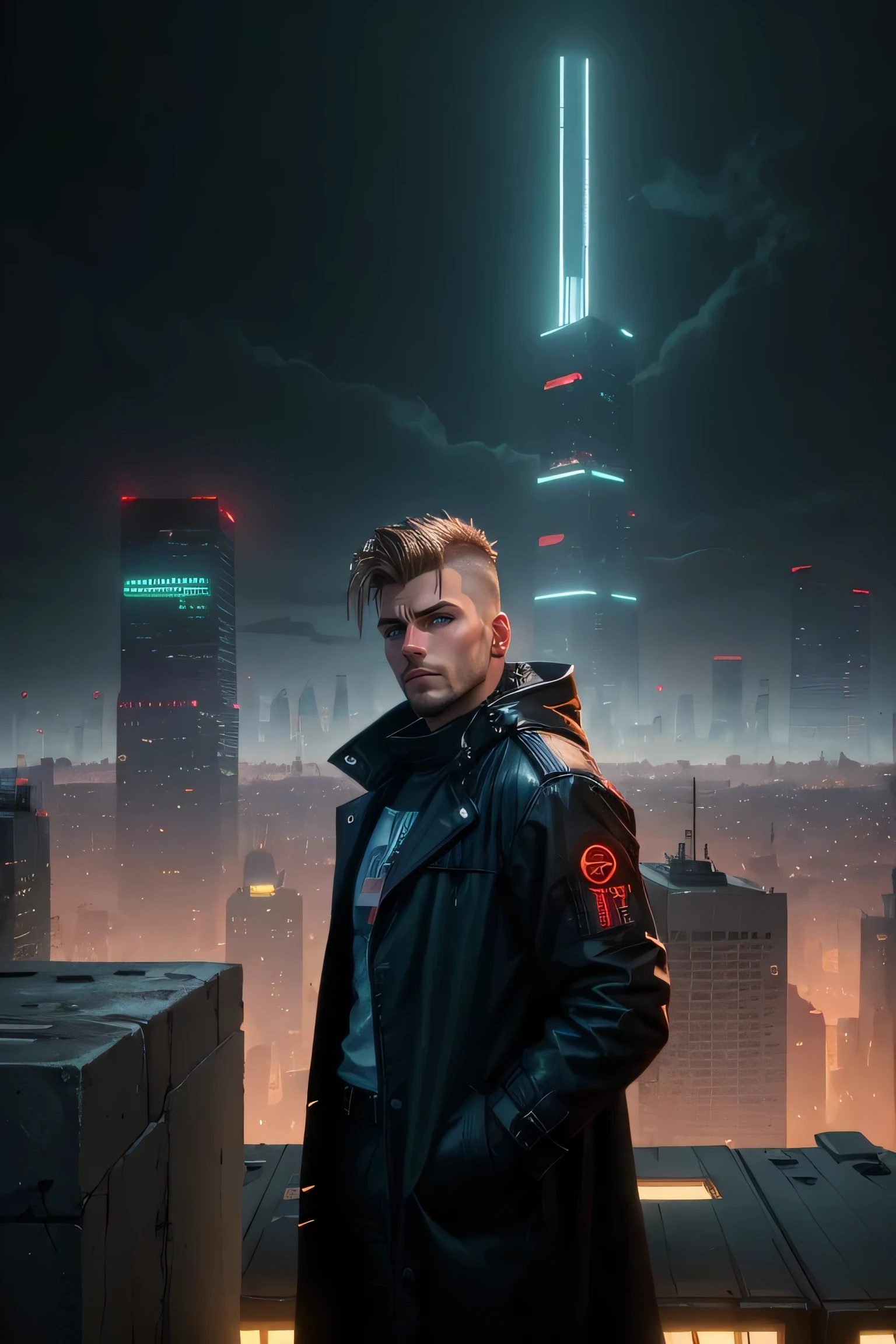 A man, cyberpunk, 30 years old, blue eyes, dark blonde hair, shorter on the sides, combed back, unshaven, wearing a black trench coat with the collar turned up. No piercings. Hands in his pockets, standing on top of a building watching the skyline at night of the cyberpunk city below in the background. He is leaning against the parapet of a building, Background futuristic cyberpunk make it realistic, Blade Runner, A super technological city with tall buildings, Buildings illuminated with colored lights, fundo escuro,8k, ultra hd 