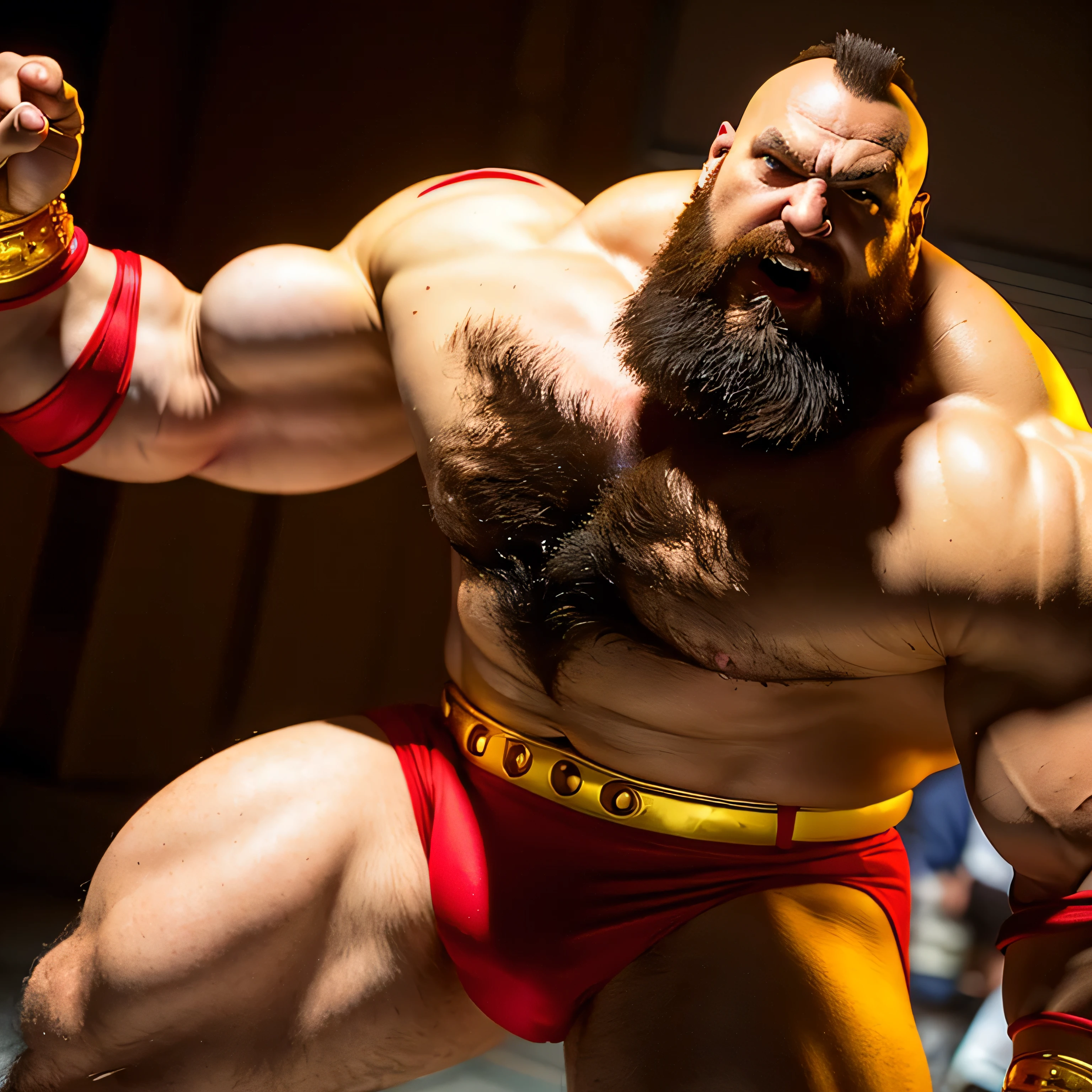 zangief,a man with a beard and a golden belt, fighting game character, street fighter 5,muscled humanoid,heavy looking,buff man,wrestler,Red short briefs,capcom,street fighter,shirtless,muscular male,chest hair,visually weighty,bearded man,mohawk hair,best quality 