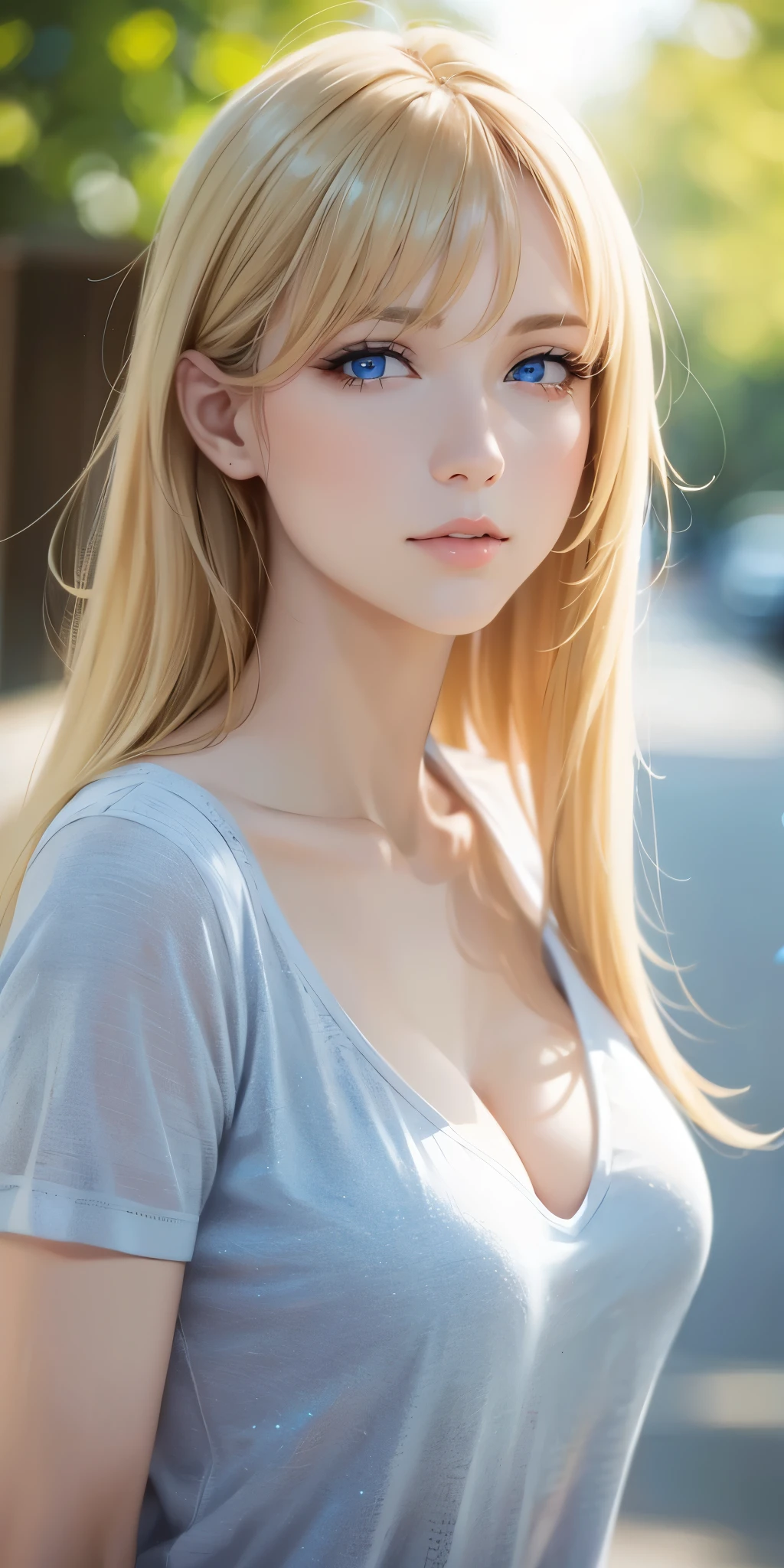 Portait, Upper body, elegant mature woman, long neck, long blonde hair, bangs, blue eyes, casual clothes, cleavage, soft light, 4k resolution, high quality, looking at viewer