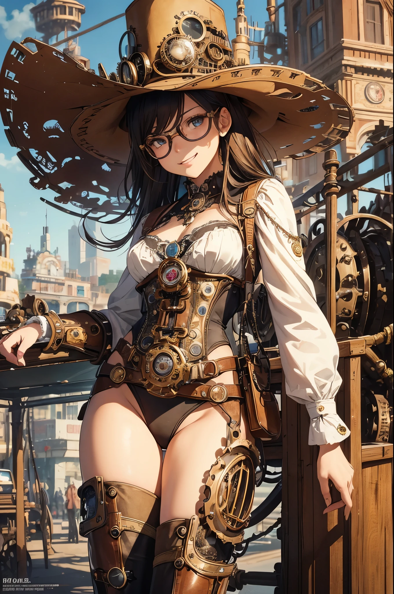 (cowboy shot, top quality,),8k, flat color: 0.8, dynamic angle, 1 girl, smile,slender body,(highly decorative and intricate mechanical steampunk fashion, lace flare dolphin hat, goggles 1.5, mechanical background, cogwheel background, finely mechanized steampunk cityscape 1.5),