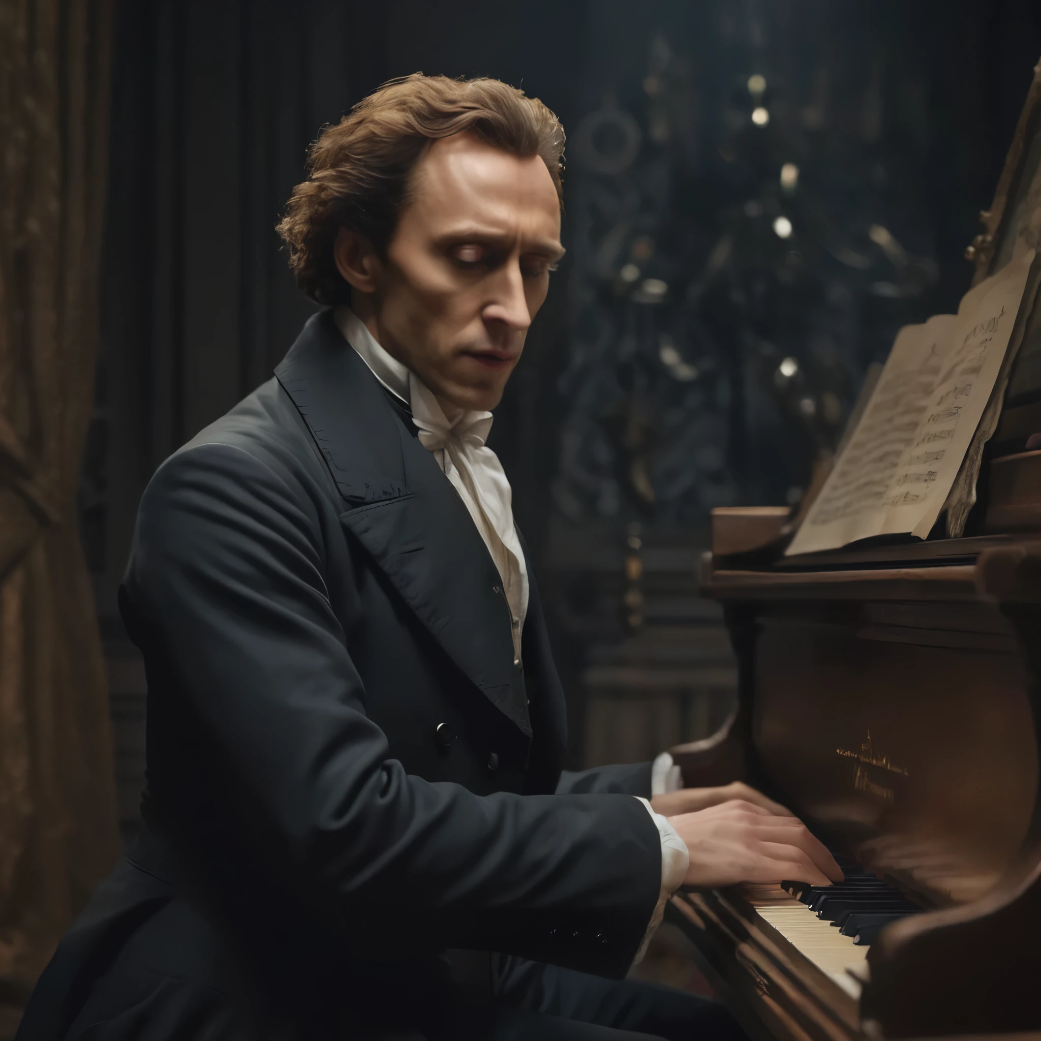 man Frédéric Chopin, arafiado de terno tocando piano em um quarto escuro, Tom Hiddleston as Count Dracula, kramskoy 4k, compositor, inspirado em Illarion Pryanishnikov, 2 0 1 8, 2018, pedra, fevereiro), mickael lelièvre, biographical film, still from a live action film, Alexandre Chaudret