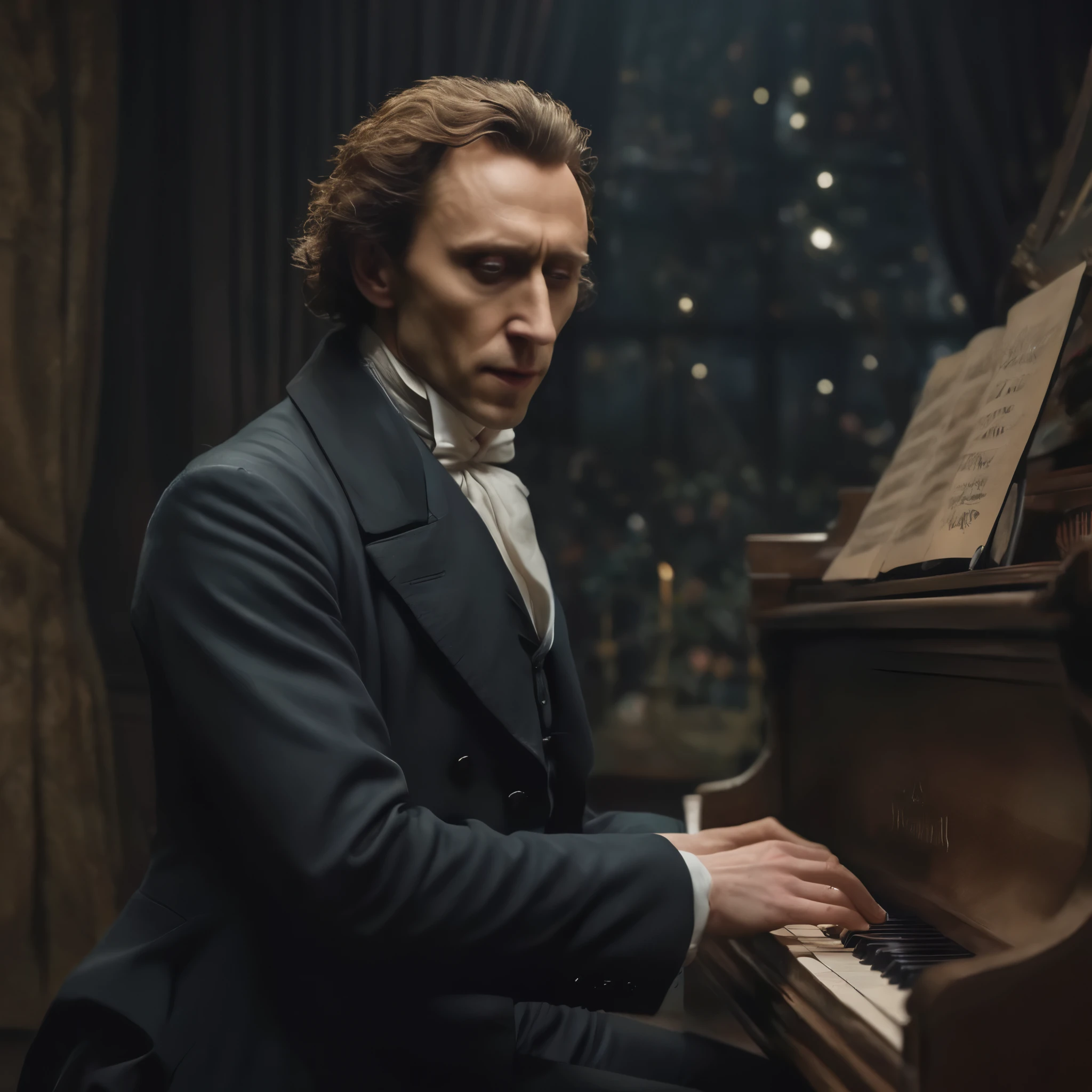 man Frédéric Chopin, arafiado de terno tocando piano em um quarto escuro, Tom Hiddleston as Count Dracula, kramskoy 4k, compositor, inspirado em Illarion Pryanishnikov, 2 0 1 8, 2018, pedra, fevereiro), mickael lelièvre, biographical film, still from a live action film, Alexandre Chaudret