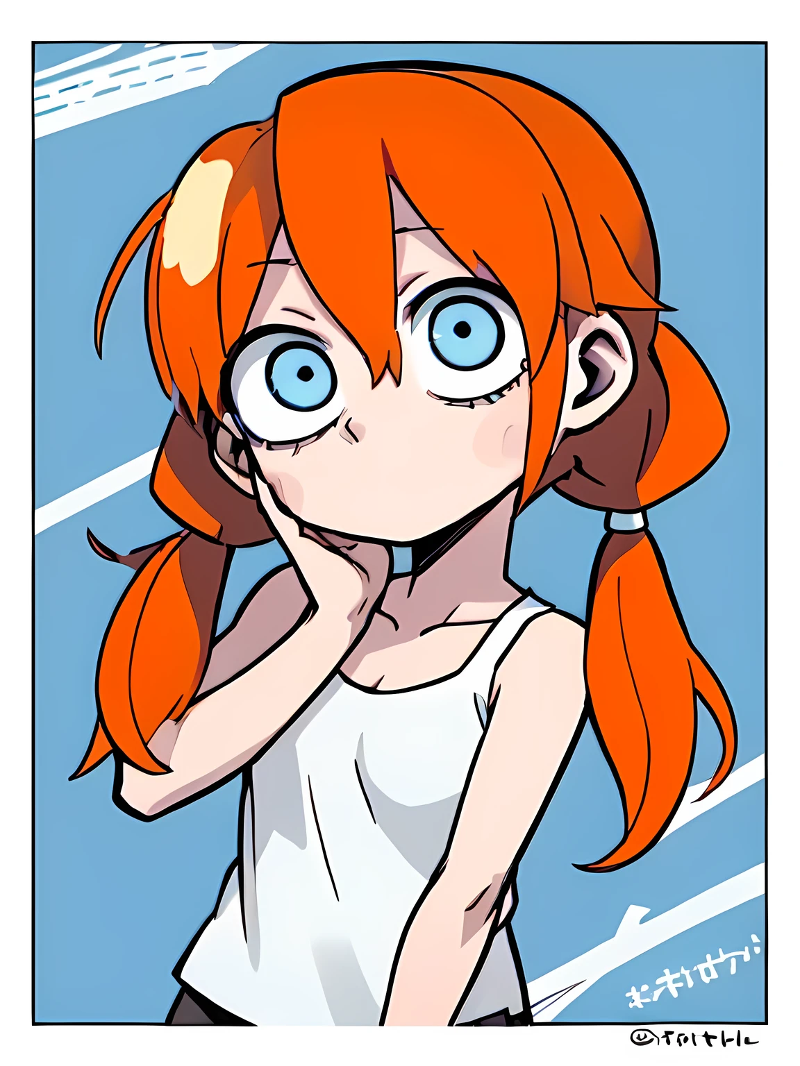 1girl,solo,upper body,(((low twintails))),orange curly hair,(((blue eyes))),white tanktop,white background