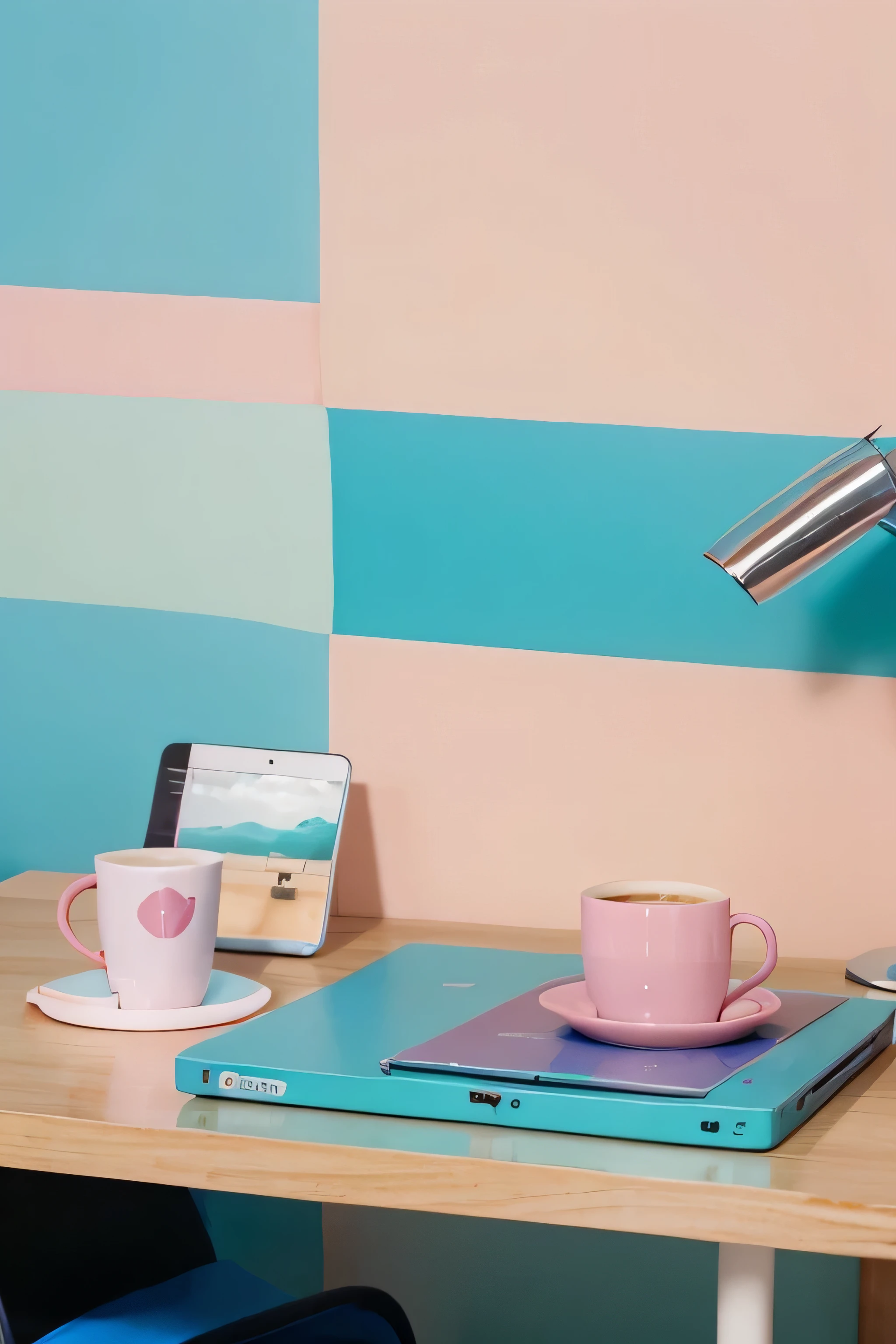 create a banner image that has a laptop and a cup of coffee on a desk. Todo en colores rosa y azul pastel y calidad realista