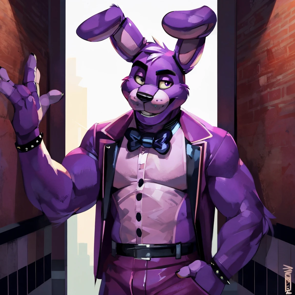 Purple rabbit from FNaF 1, Bonnie, Bonnie Rabbit, solo, male, purple rabbit, perfect nose, rabbit ears, long ears, male face, handsome, attractive, standing, in formal clothes, posing, Five Nights at Freddy's, By mystikfox61