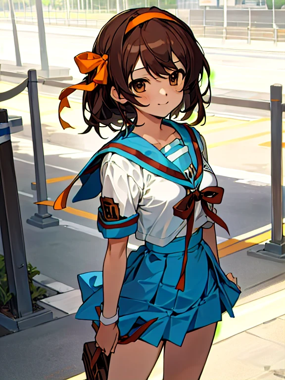 <lora:haruhiSuzumiyaLora_1:0.5>very detailed,highres,(masterpiece_1.0),(best quality_1.0),1 girl, solo,haruhi suzumiya, cowboy shot, school uniform, yellow hairband, full body, looking at viewer,