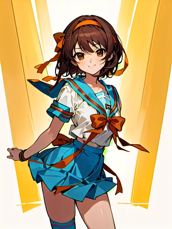 masterpiece, best quality, highres, 1girl, suzumiya haruhi, solo, kita high , blue sailor collar, sailor collar, blue skirt, brown hair, short hair, brown eyes, armband, hairband, medium hair, ribbon, socks, medium breasts, cowboy shot, standing, smile, outdoors