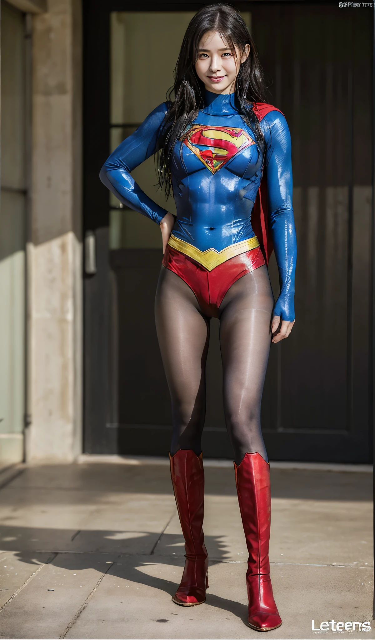 No background、(((Beautiful legs in black tights.)))、(((Legally express the beauty of your smile)))、((((Make the most of your original images)))、(((Supergirl Costume)))、(((Beautiful Hair)))、(((suffering)))、(((Please wear black tights....、Wear red boots)))、((Best image quality、8k))、((highest quality、8k、masterpiece:1.3))、(((Preserve background )))、Sharp focus:1.2、Beautiful woman with perfect figure:1.4、Slim Abs:1.2、Wet body:1.5、Highly detailed face and skin texture、8k