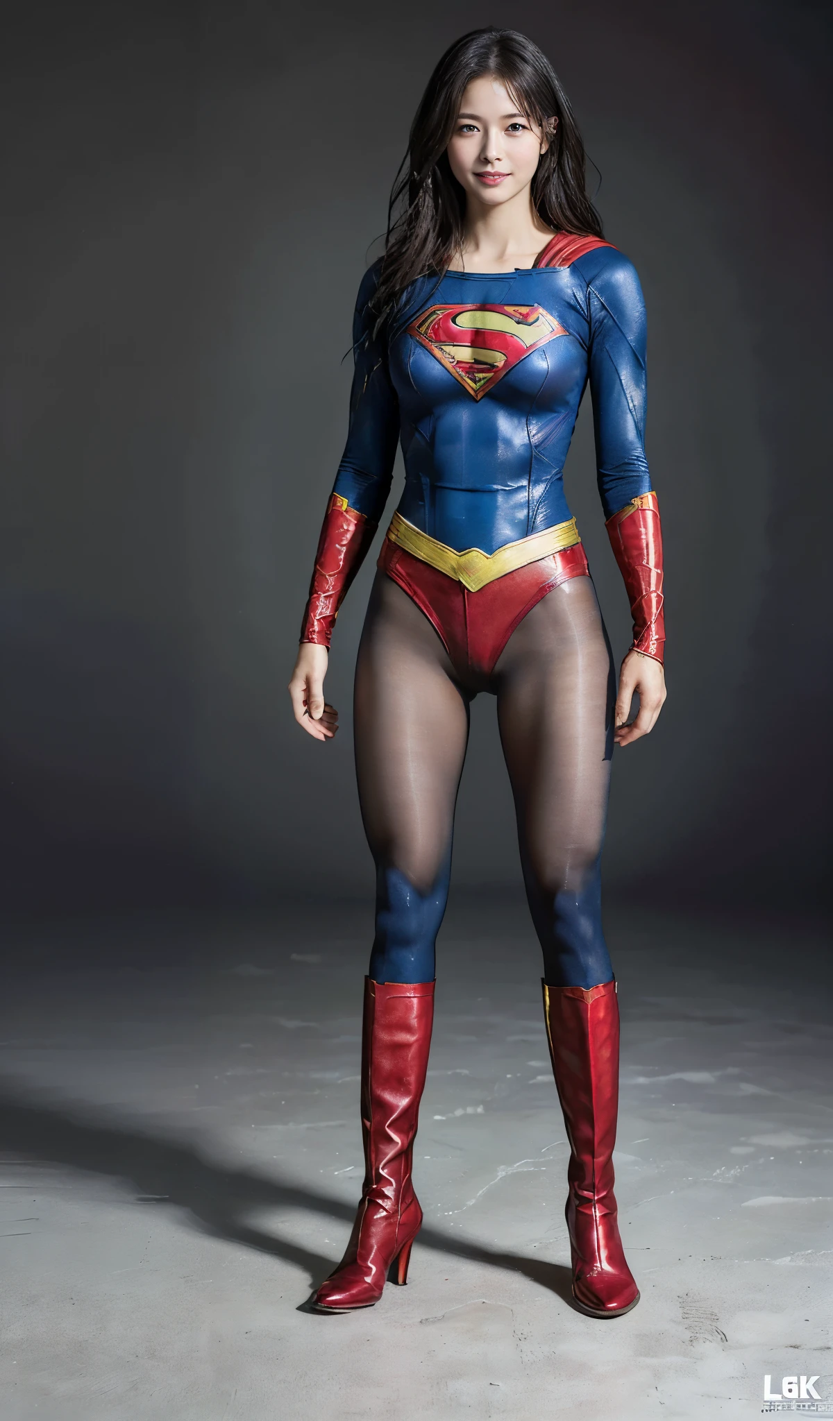 No background、(((Beautiful legs in black tights.)))、(((Legally express the beauty of your smile)))、((((Make the most of your original images)))、(((Supergirl Costume)))、(((Beautiful Hair)))、(((suffering)))、(((Please wear black tights....、Wear red boots)))、((Best image quality、8k))、((highest quality、8k、masterpiece:1.3))、(((Preserve background )))、Sharp focus:1.2、Beautiful woman with perfect figure:1.4、Slim Abs:1.2、Wet body:1.5、Highly detailed face and skin texture、8k