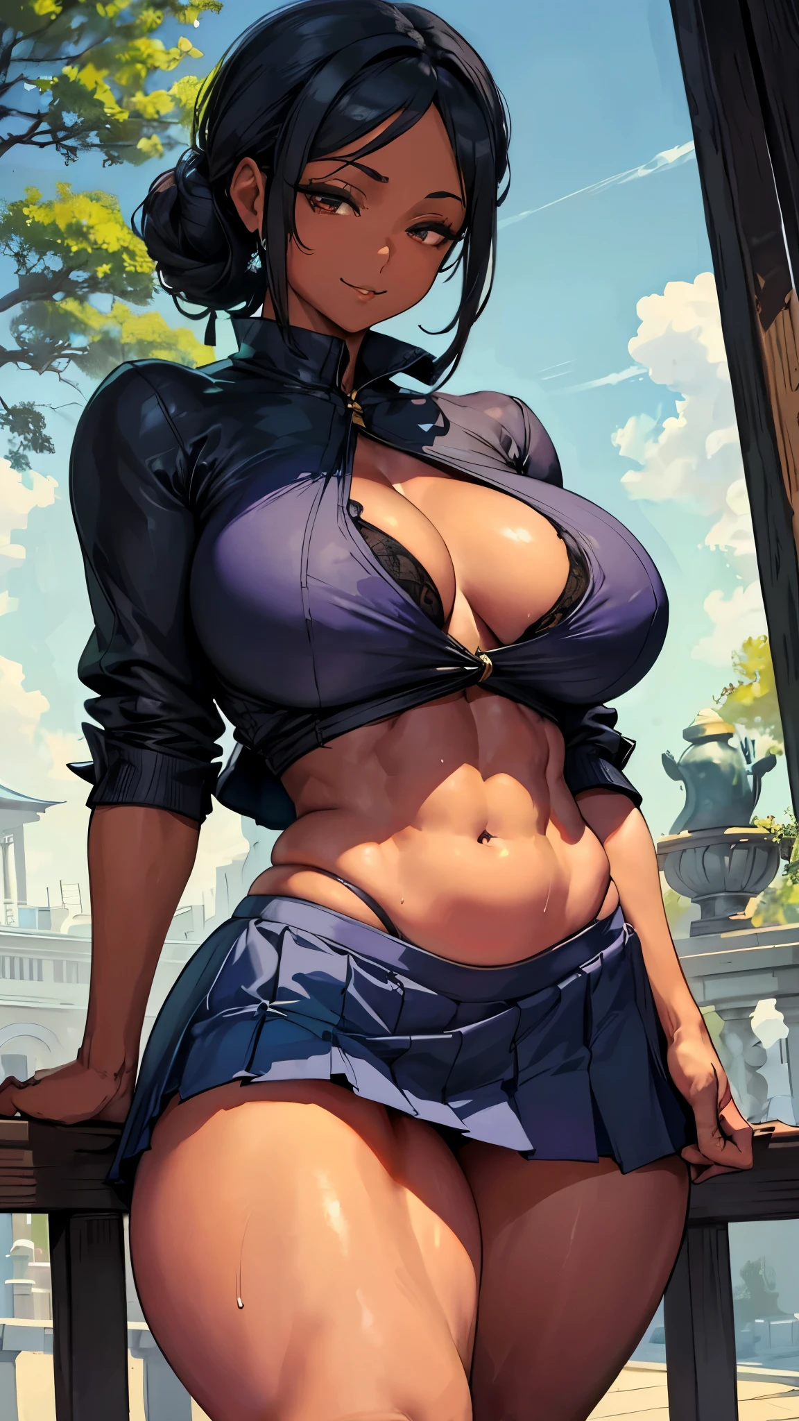 Thicc Legs, Sweaty body, Dark skin, (beautiful, (masterpiece: 1.2), (best quality: 1.2), sarcastic smile, perfect lighting, baby doll outfit, s Asian girl, ((masterpiece)), (best quality), ( detailed), (1 girl), thighs, Skirt, Hair tied up