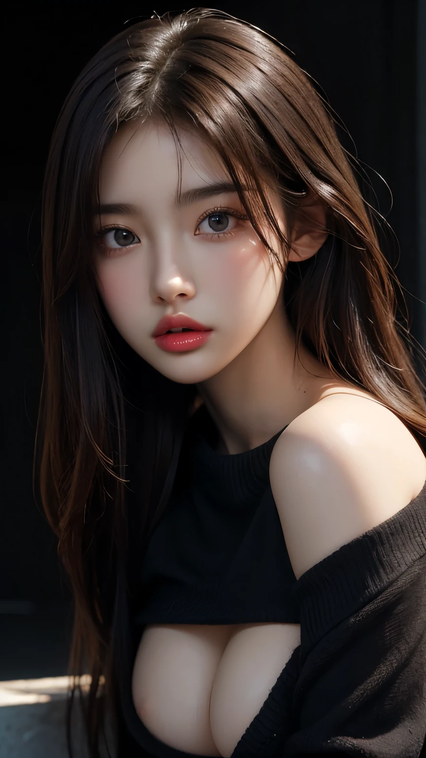 ultra high res, masterpiece, best quality, perfect glossy shiny skins, perfect lighting, detailed lighting, dramatic shadows, ray tracing, black sweater, looking at viewer, off shoulder, Big breasts, Exposed cleavage, nsfw, ((Dark background)), Sexy face, Facial expressions when receiving pleasure,