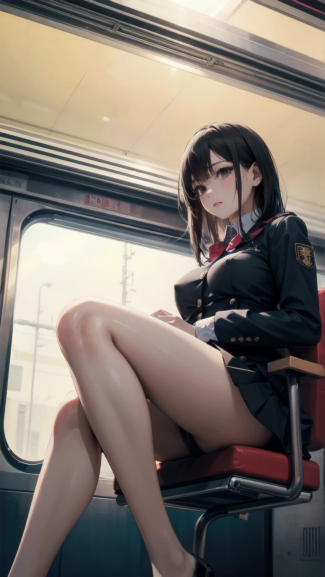 "(masterpiece, High resolution, Ultra High resolution, 4K) Black Hair, 14 year old Japanese girl, Uniform skirt, Accentuate your thighs, White thighs, Soft thighs, Gorgeous thighs, Sitting on a train, Alignment angle, (Angle from below),sitting in a train seat,Sit in front,Crotch Zoom Camera,Put your feet on the train floor,whole body,Looking down and sleepy,Only looking at the audience", highest quality, 超High resolution, (Realistic:1.4),, High resolution, Familiar, RAW Photos, Shapuri, Nikon D850 film stock photo by Lee Jefferies 4 Kodak Portra 400 camera F1.6 lens rich colors hyper Realistic lively textures dramatic lighting unreal engine artstation trends cinestir 800,only、Footjob、Nipples are visible、I can see your chest、only、only、sole、