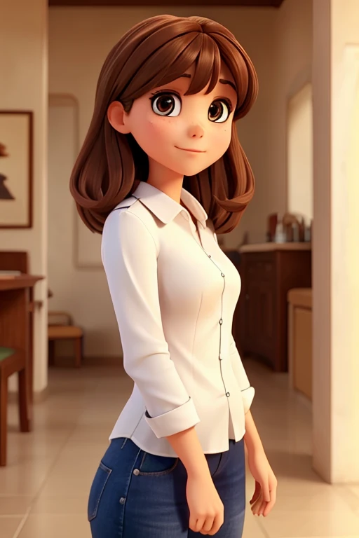 there is a woman with a white shirt she has brown hair with bangs, olhos grandes, cor dos olhos avela