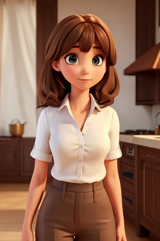 there is a woman with a white shirt she has brown hair with bangs,  olhos grandes, cor dos olhos avela