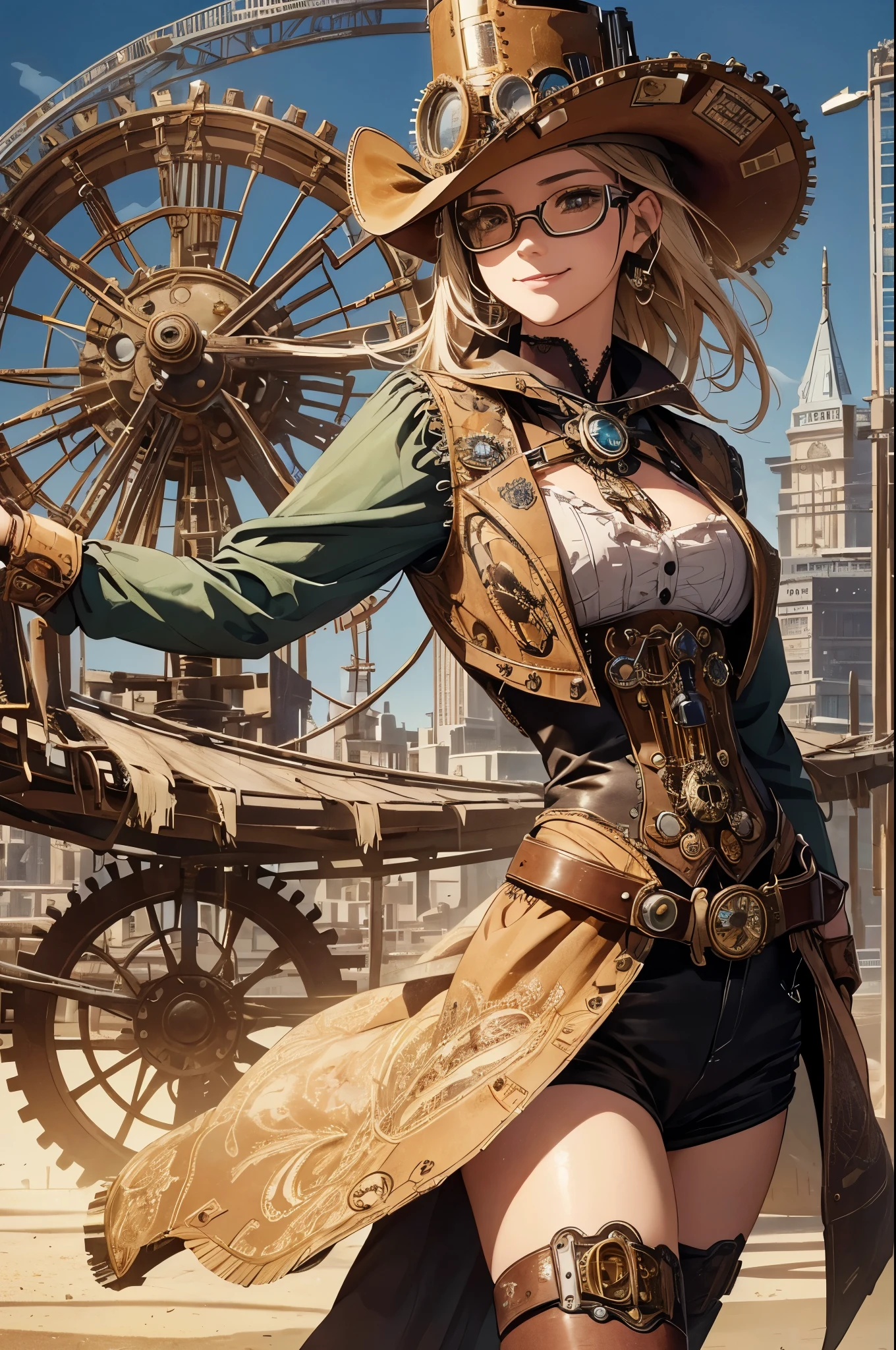 (cowboy shot, top quality,),8k, flat color: 0.8, dynamic angle, 1 girl, smile,slender body,(highly decorative and intricate mechanical steampunk fashion, lace flare dolphin hat, goggles 1.5, mechanical background, cogwheel background, finely mechanized steampunk cityscape 1.5),
