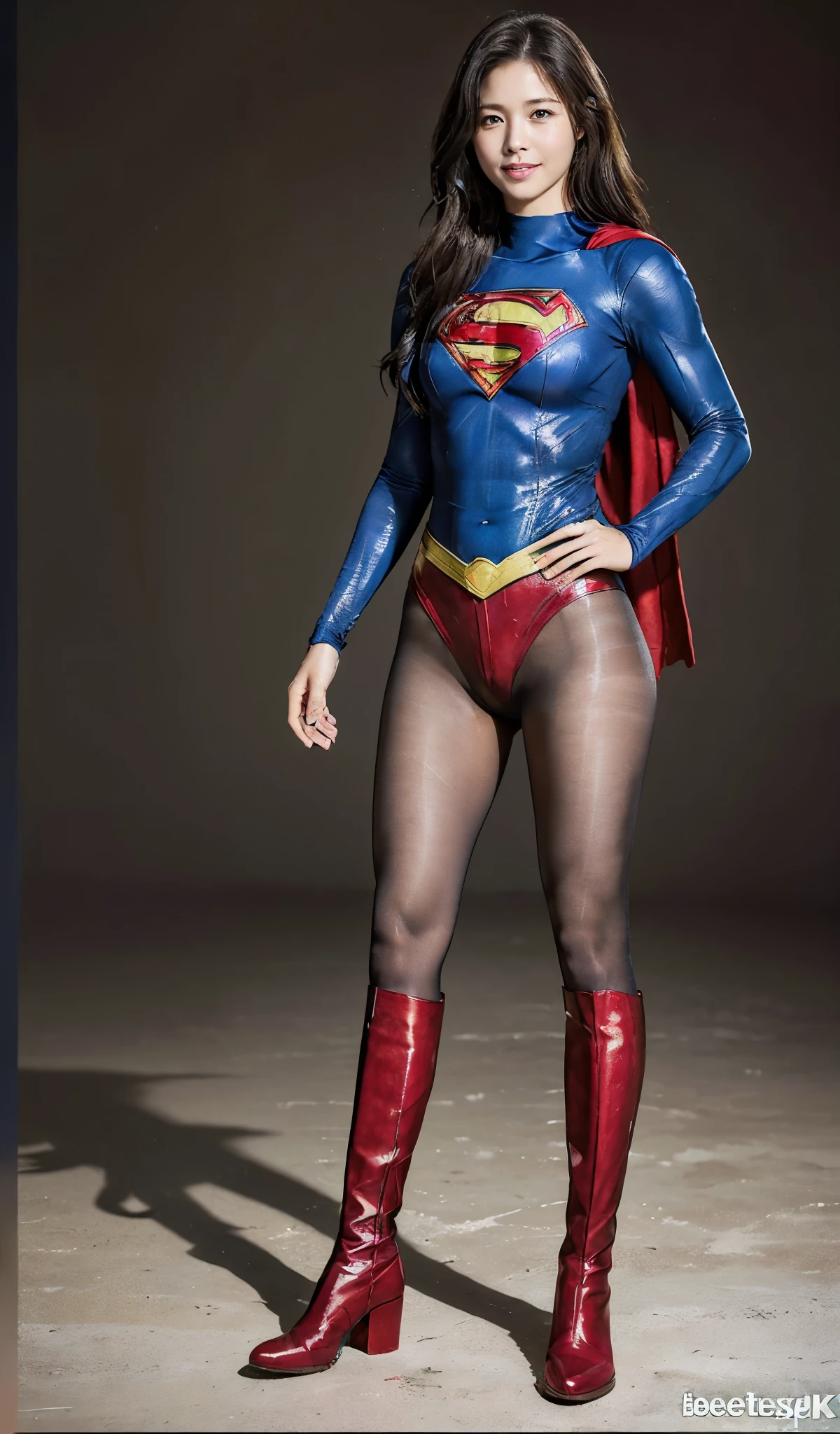 No background、(((Beautiful legs in black tights.)))、(((Legally express the beauty of your smile)))、((((Make the most of your original images)))、(((Supergirl Costume)))、(((Beautiful Hair)))、(((suffering)))、(((Please wear black tights....、Wear red boots)))、((Best image quality、8k))、((highest quality、8k、masterpiece:1.3))、(((Preserve background )))、Sharp focus:1.2、Beautiful woman with perfect figure:1.4、Slim Abs:1.2、Wet body:1.5、Highly detailed face and skin texture、8k