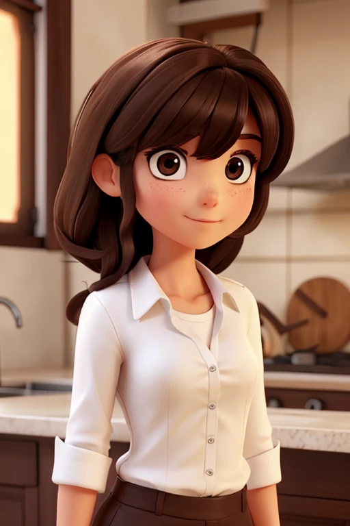 there is a woman in a white shirt she has dark brown hair with bangs, olhos grandes, cor dos olhos avela