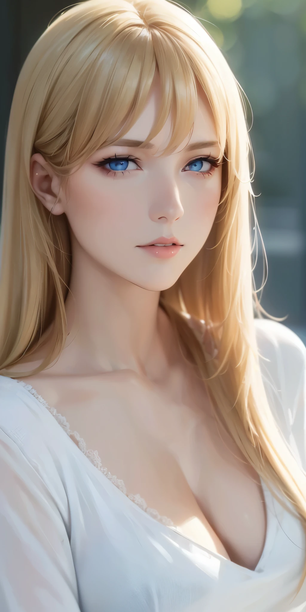 Portait, Upper body, elegant mature woman, long neck, long blonde hair, bangs, blue eyes, casual clothes, cleavage, soft light, 4k resolution, high quality, looking at viewer