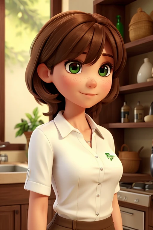 there is a woman with a white shirt she has brown hair with bangs, olhos grandes, cor dos olhos cor verde