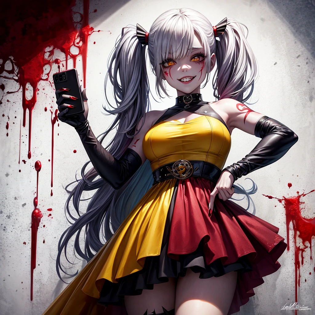 tattoo girl, very beautiful, murderous, Harley Quinn, crazed look, dark background, 8K, dynamic wallpaper, very delicate, very dense, creepy smile, close up to camera, yellow prom dress with blood splotches on the dress, prom background, leaning on a dripping red wall, from below