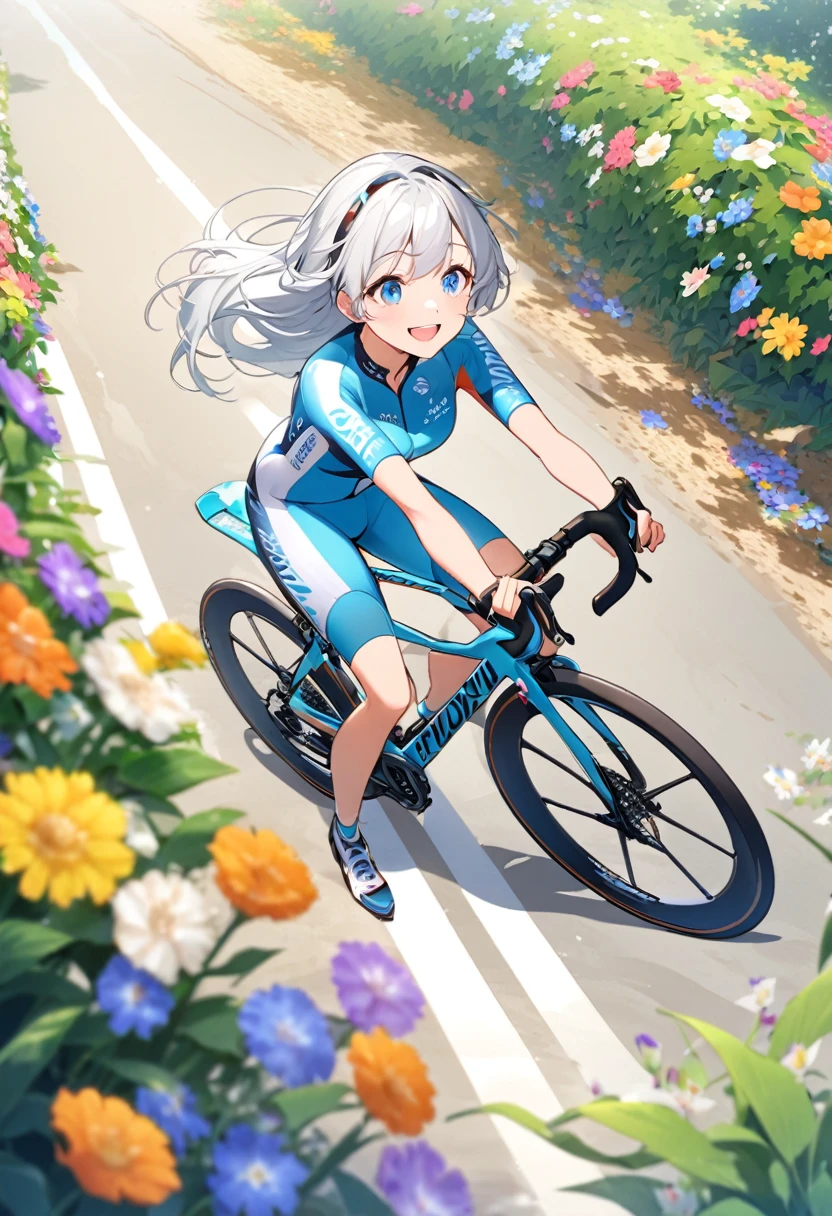 Daytime、Cycling along the lush riverbed、A woman is enjoying cycling on a sports bike。She is wearing cycling wear、Smiling as he pedaled、That looks like a lot of fun。Blue around々Tree々Colorful flowers and plants spread out、There is a fresh breeze。She enjoys cycling in the nature while feeling the breeze.、Lively