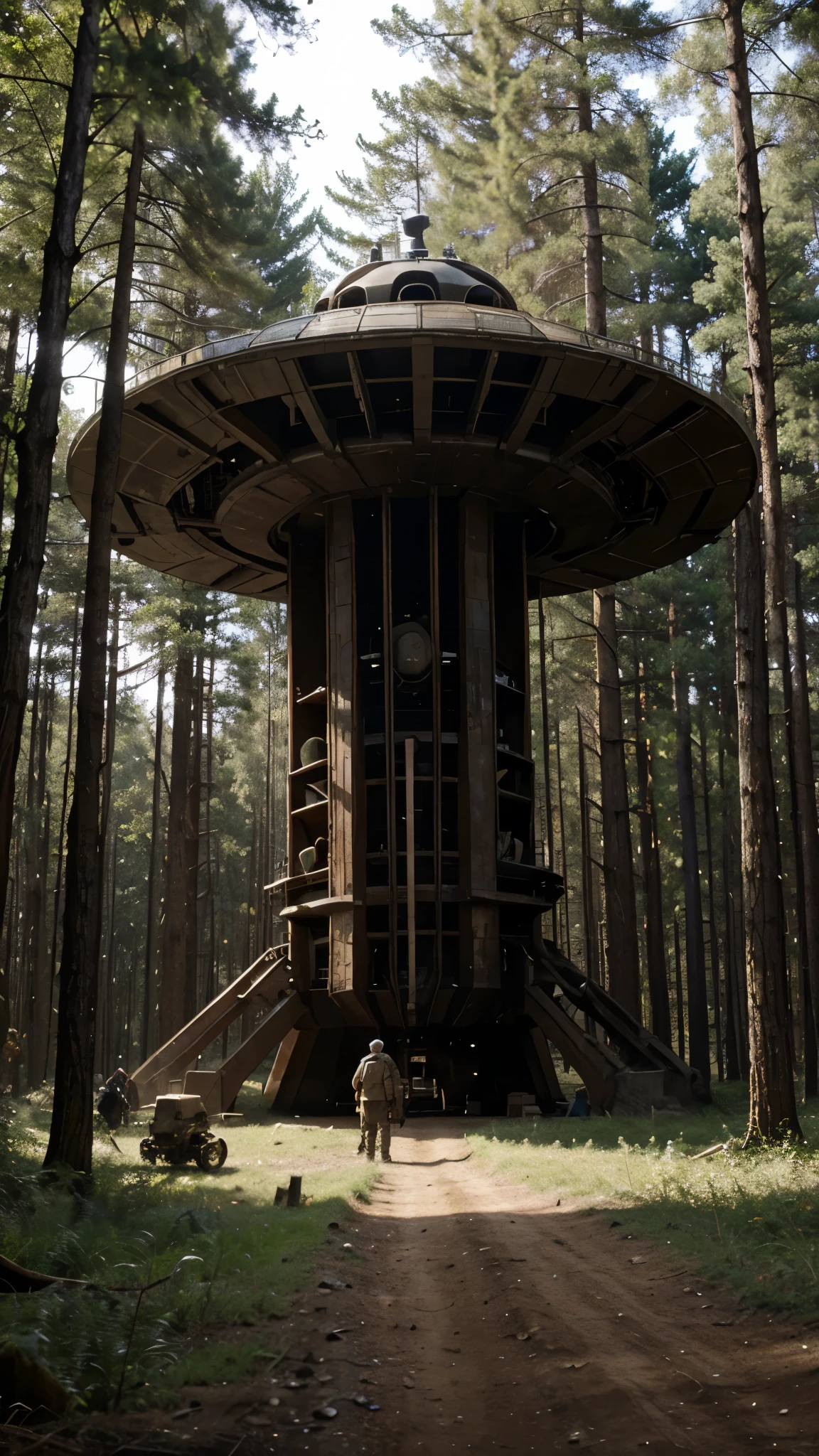 a very realistic image of archaeologists extracting an old giant alien ship in a forest
