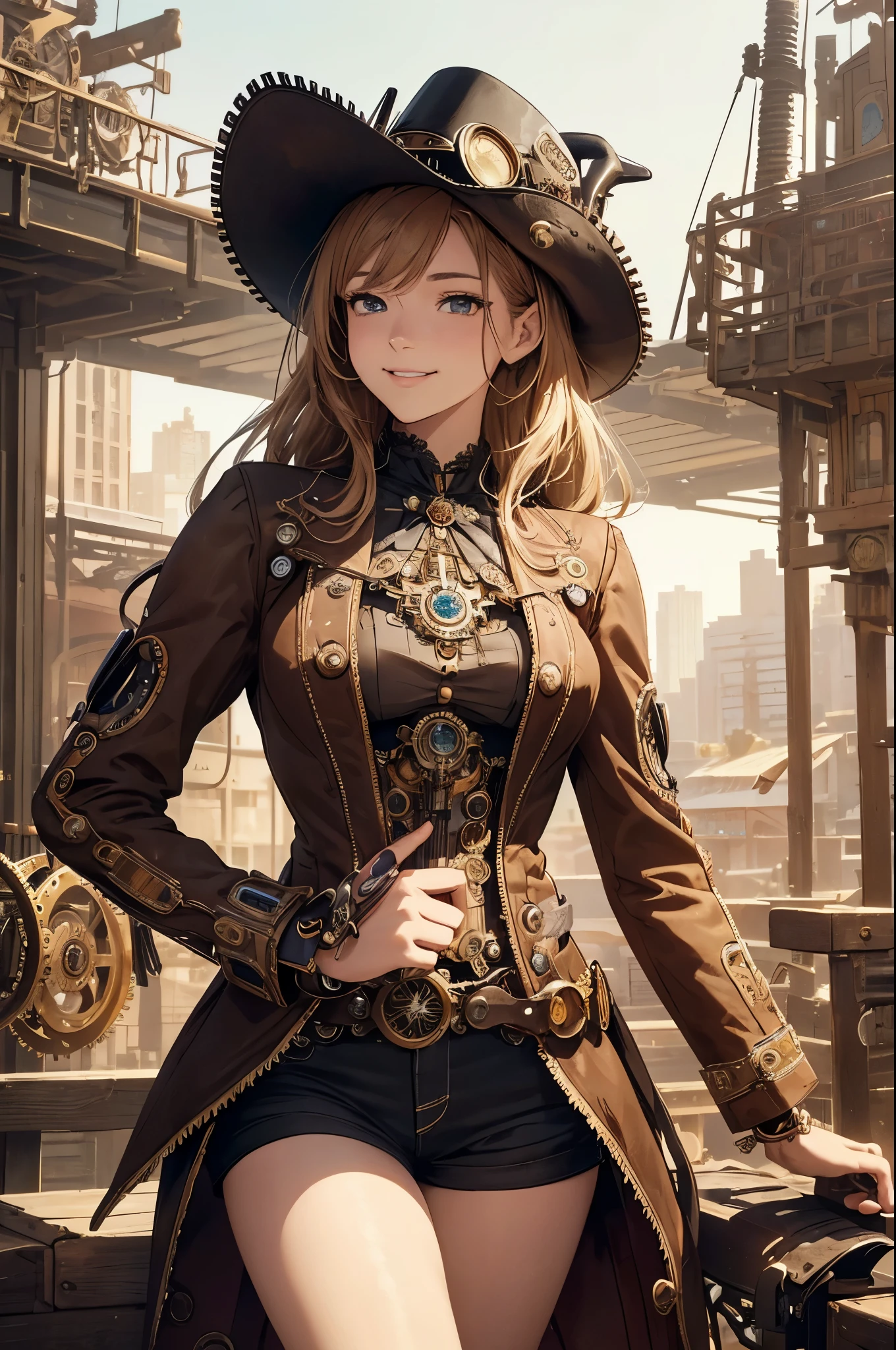 (cowboy shot, top quality,),8k, flat color: 0.8, dynamic angle, 1 girl, smile,slender body,(highly decorative and intricate mechanical steampunk fashion, lace flare dolphin hat, goggles 1.5, mechanical background, cogwheel background, finely mechanized steampunk cityscape 1.5),