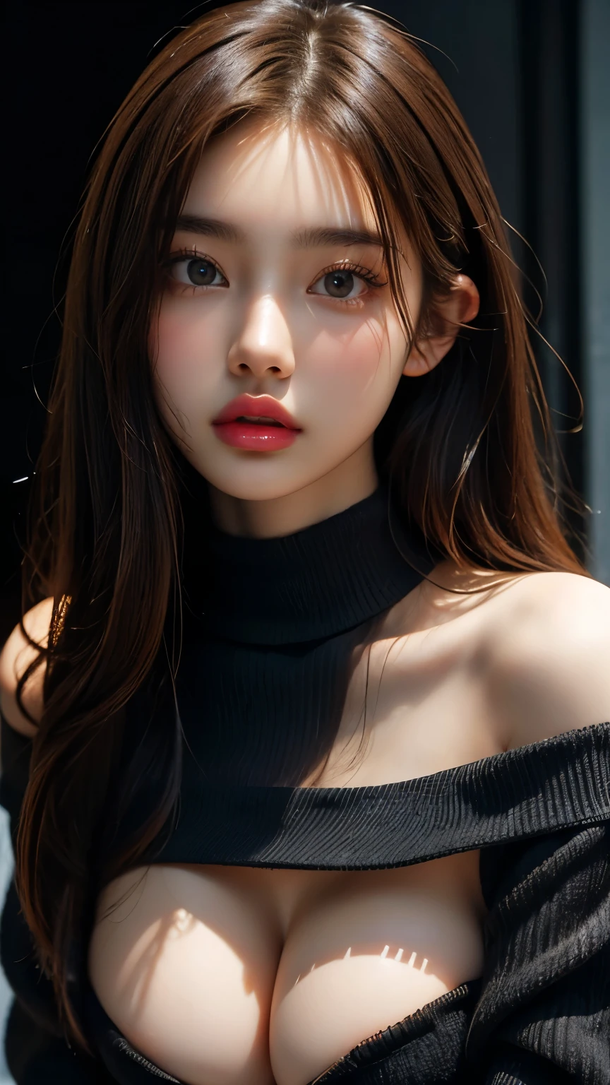 ultra high res, masterpiece, best quality, perfect glossy shiny skins, perfect lighting, detailed lighting, dramatic shadows, ray tracing, black sweater, looking at viewer, off shoulder, Big breasts, Exposed cleavage, nsfw, ((Dark background)), Sexy face, Facial expressions when receiving pleasure,