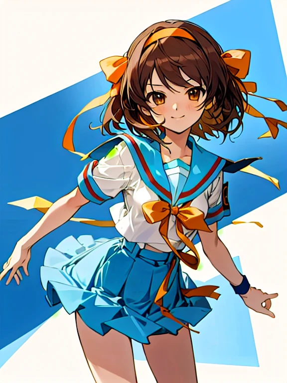 masterpiece, best quality, highres, 1girl, suzumiya haruhi, solo, kita high , blue sailor collar,  sailor collar, blue skirt, brown hair, short hair, brown eyes, armband, hairband, medium hair, ribbon, socks, medium breasts,  cowboy shot, standing, smile, very detailed,High resolution, cowboy shot, , yellow hair band, whole body, looking at the viewer,