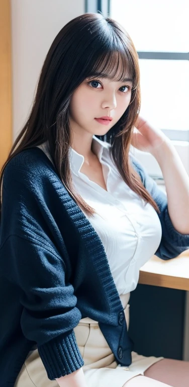masterpiece, highest quality, 8k, 20th generation, Big Breasts, cute, alone, sad, cute, Girlish,cute 繊細な女の子, cute、Pure beauty, RAW Photos, Professional photography, Portraiture, Soft Light, Professional Lighting, Backlight, Upper Body, avert your eyes, Sophisticated, Film Grain, (Eye and facial details:1.0), Round face、Floating Hair, beautiful, Flowing hair, Asymmetrical bangs、(Big Breasts:1.0)、Navy blue cardigan、whiteTshirt、Micro Mini Skirt、Voluptuous thighs、dolly make、Heterochromia iridiidday Office、sitting in an office chair