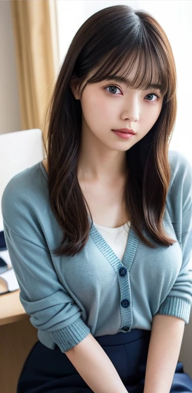 masterpiece, highest quality, 8k, 20th generation, Big Breasts, cute, alone, sad, cute, Girlish,cute 繊細な女の子, cute、Pure beauty, RAW Photos, Professional photography, Portraiture, Soft Light, Professional Lighting, Backlight, Upper Body, avert your eyes, Sophisticated, Film Grain, (Eye and facial details:1.0), Round face、Floating Hair, beautiful, Flowing hair, Asymmetrical bangs、(Big Breasts:1.0)、Navy blue cardigan、whiteTshirt、Micro Mini Skirt、Voluptuous thighs、dolly make、Heterochromia iridiidday Office、sitting in an office chair