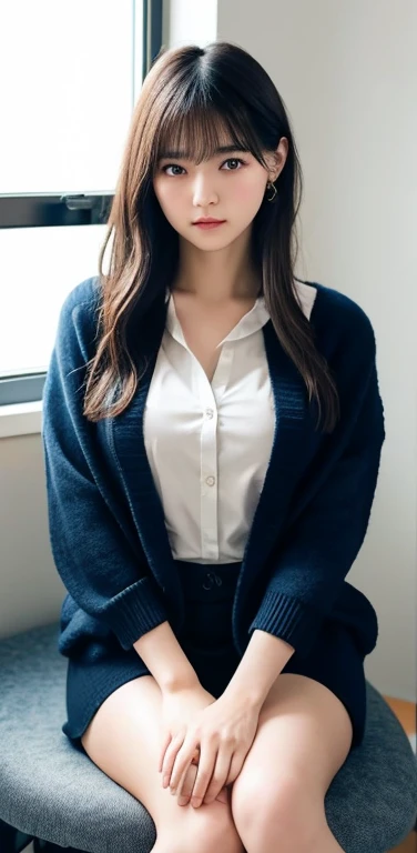 masterpiece, highest quality, 8k, 20th generation, Big Breasts, cute, alone, sad, cute, Girlish,cute 繊細な女の子, cute、Pure beauty,  RAW Photos, Professional photography, Portraiture, Soft Light, Professional Lighting, Backlight, Upper Body, avert your eyes, Sophisticated, Film Grain, (Eye and facial details:1.0), Round face、Floating Hair, beautiful, Flowing hair, Asymmetrical bangs、(Big Breasts:1.0)、Navy blue cardigan、whiteＴshirt、Micro Mini Skirt、Voluptuous thighs、dolly make、Heterochromia iridiidday Office、sitting in an office chair