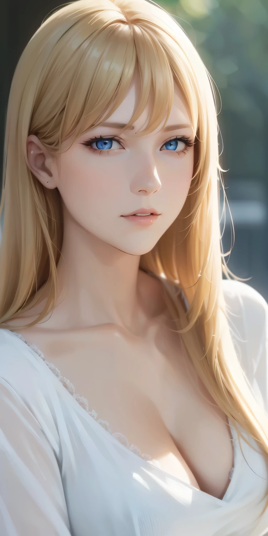 Upper body, elegant mature woman, long neck, long blonde hair, bangs, blue eyes, casual clothes, cleavage, soft light, 4k resolution, high quality