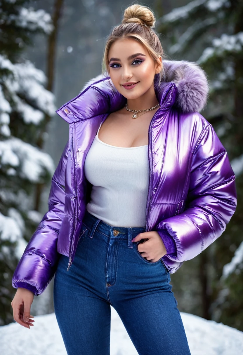 hyperrealistic beautiful busty 18-year-old women with long legs wearing shiny purple vinyl puffer coat and skinny jeans, model shooting full body photography, platin blonde classic bun, dark eye makeup with eyeliner, seductive smile, small necklace, 8K, Best quality, Meisterwerk, ultra high resolution, (Realismus: 1.4), Originalfoto, (realistische Hautstruktur: 1.3), (Filmkorn: 1.3), (Selfie-Winkel), 1 girl, Beautiful round hazel eyes and facial details, Meisterwerk, Best quality, winter outdoor at mountain top