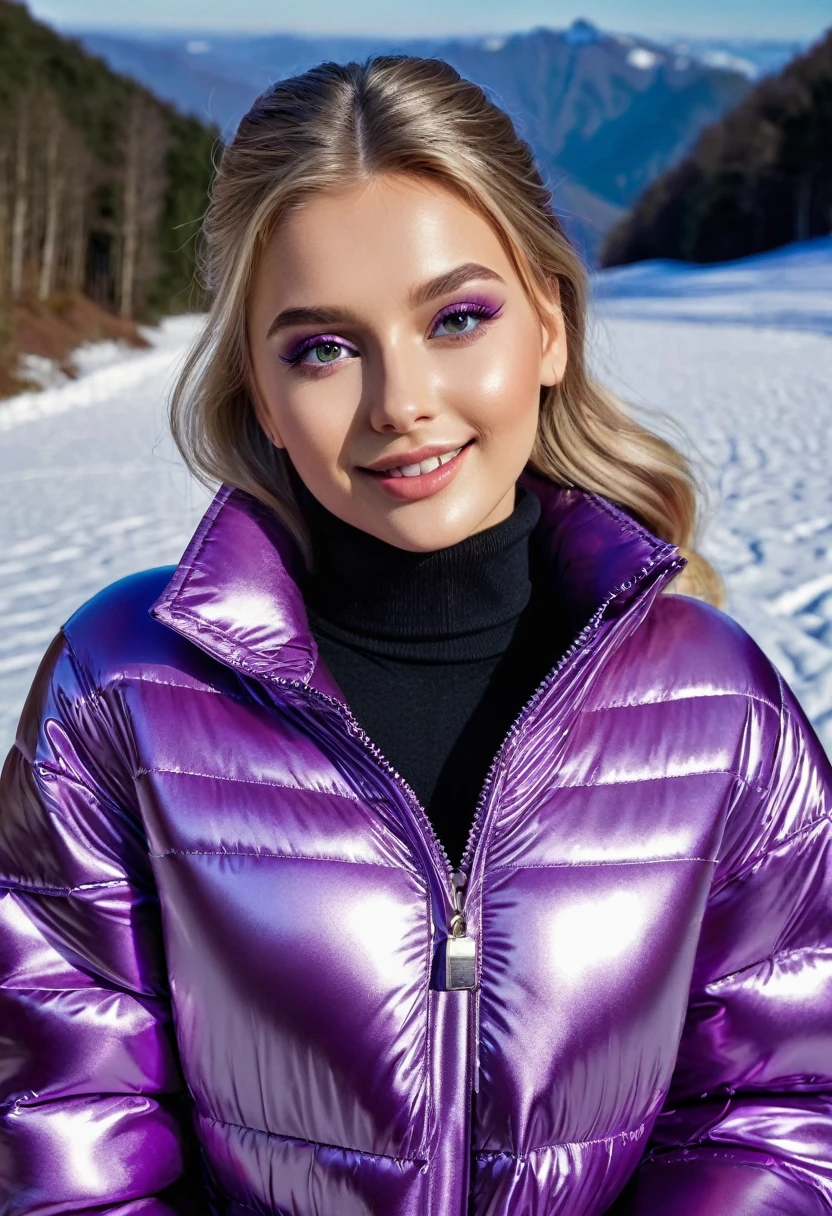 hyperrealistic beautiful busty 18-year-old women with long legs wearing shiny purple vinyl puffer coat and skinny jeans, model shooting full body photography, platin blonde classic bun, dark eye makeup with eyeliner, seductive smile, small necklace, 8K, Best quality, Meisterwerk, ultra high resolution, (Realismus: 1.4), Originalfoto, (realistische Hautstruktur: 1.3), (Filmkorn: 1.3), (Selfie-Winkel), 1 girl, Beautiful round hazel eyes and facial details, Meisterwerk, Best quality, winter outdoor at mountain top