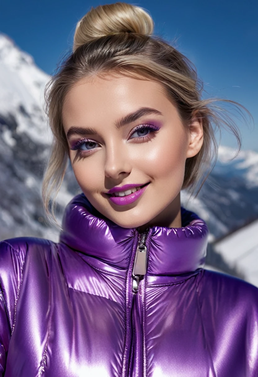 hyperrealistic beautiful busty 18-year-old women with long legs wearing shiny purple vinyl puffer coat and skinny jeans, model shooting full body photography, platin blonde classic bun, dark eye makeup with eyeliner, seductive smile, small necklace, 8K, Best quality, Meisterwerk, ultra high resolution, (Realismus: 1.4), Originalfoto, (realistische Hautstruktur: 1.3), (Filmkorn: 1.3), (Selfie-Winkel), 1 girl, Beautiful round hazel eyes and facial details, Meisterwerk, Best quality, winter outdoor at mountain top