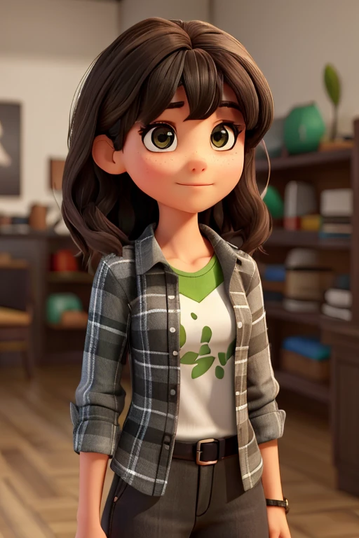 There is a woman with a black and gray plaid shirt, she has dark brown hair with shoulder-length bangs., olhos grandes, cor dos olhos verde