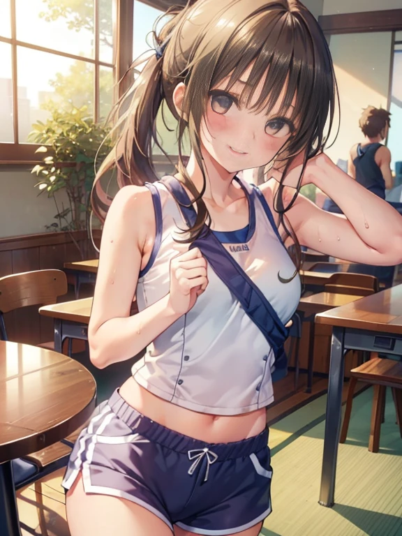 highest quality、 bra、beige shorts、cool look、sexy pose in the room、armpit sweat、grass、ecstasy face((table top)), (1 girl:2.0), (highly detailed face, smile) , (slender physique), (japanese girl), ((Athletics Club Member, Long-distance runner)), Slightly round face,  cute, Big eyes