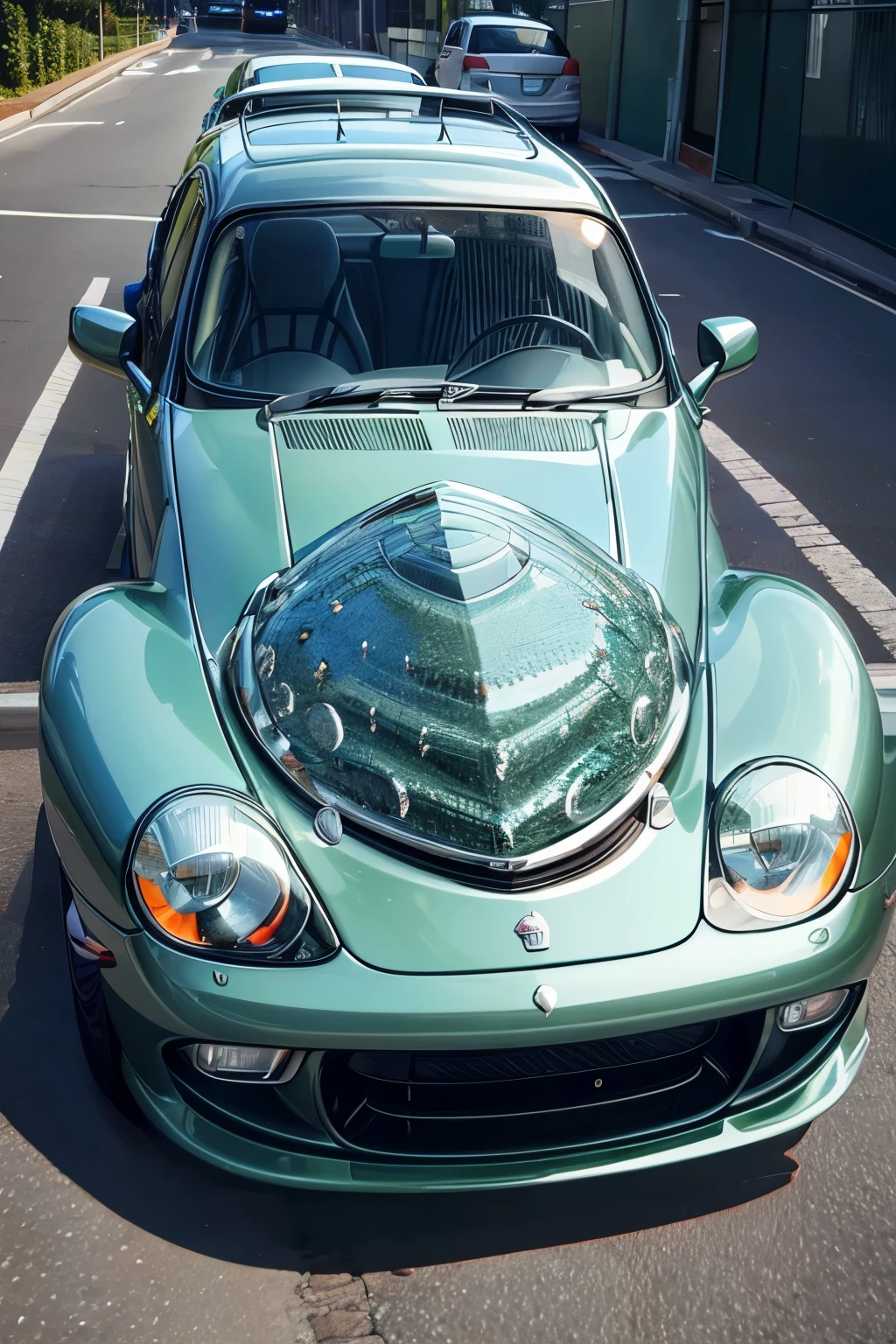 A PHOTO OF A CAR ENTIRELY MADE OF BOTTLE GLASS, WITH ALL THE DETAILS OF A NORMAL CAR