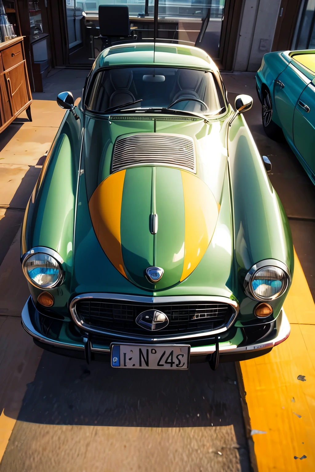 A PHOTO OF A CAR ENTIRELY MADE OF BOTTLE GLASS, WITH ALL THE DETAILS OF A NORMAL CAR