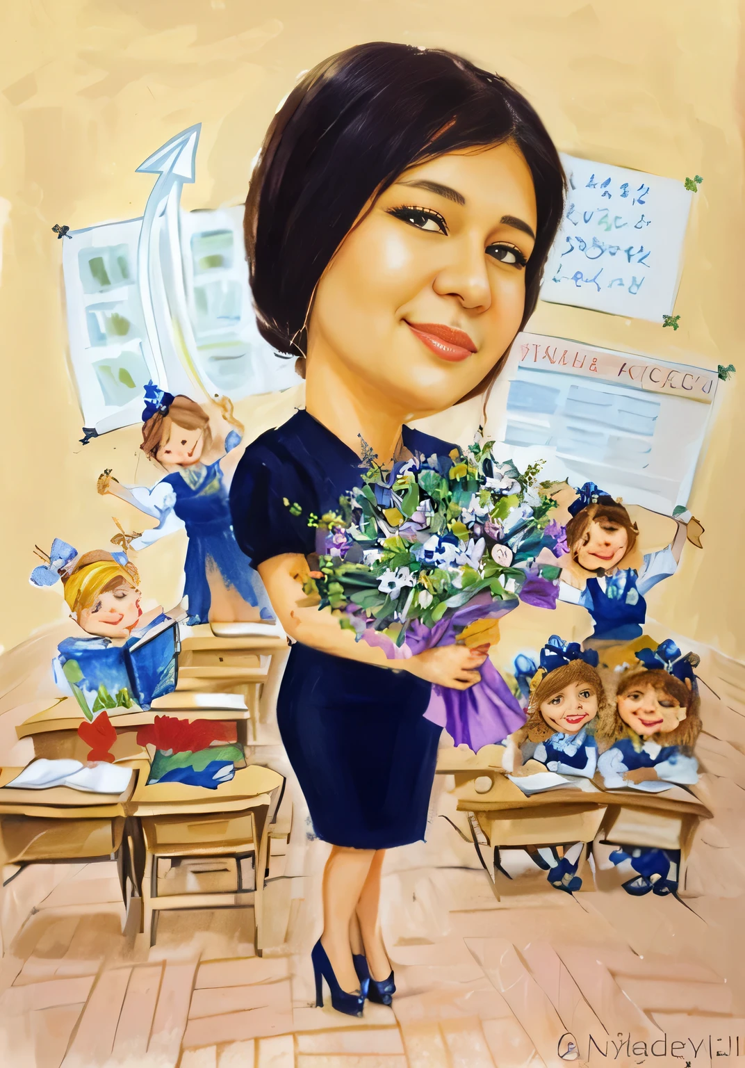 Painting of a woman with a bouquet of flowers in a classroom., by Nadya Rusheva, moleksandra shchaslyva, caricature, from Maximilizhan Vanka, Anna Nikonova, teacher, Katerina Wilczynski, Nikita Veprikov, Echo Blueberry, by Elina Karimova, by Olga Rozanova